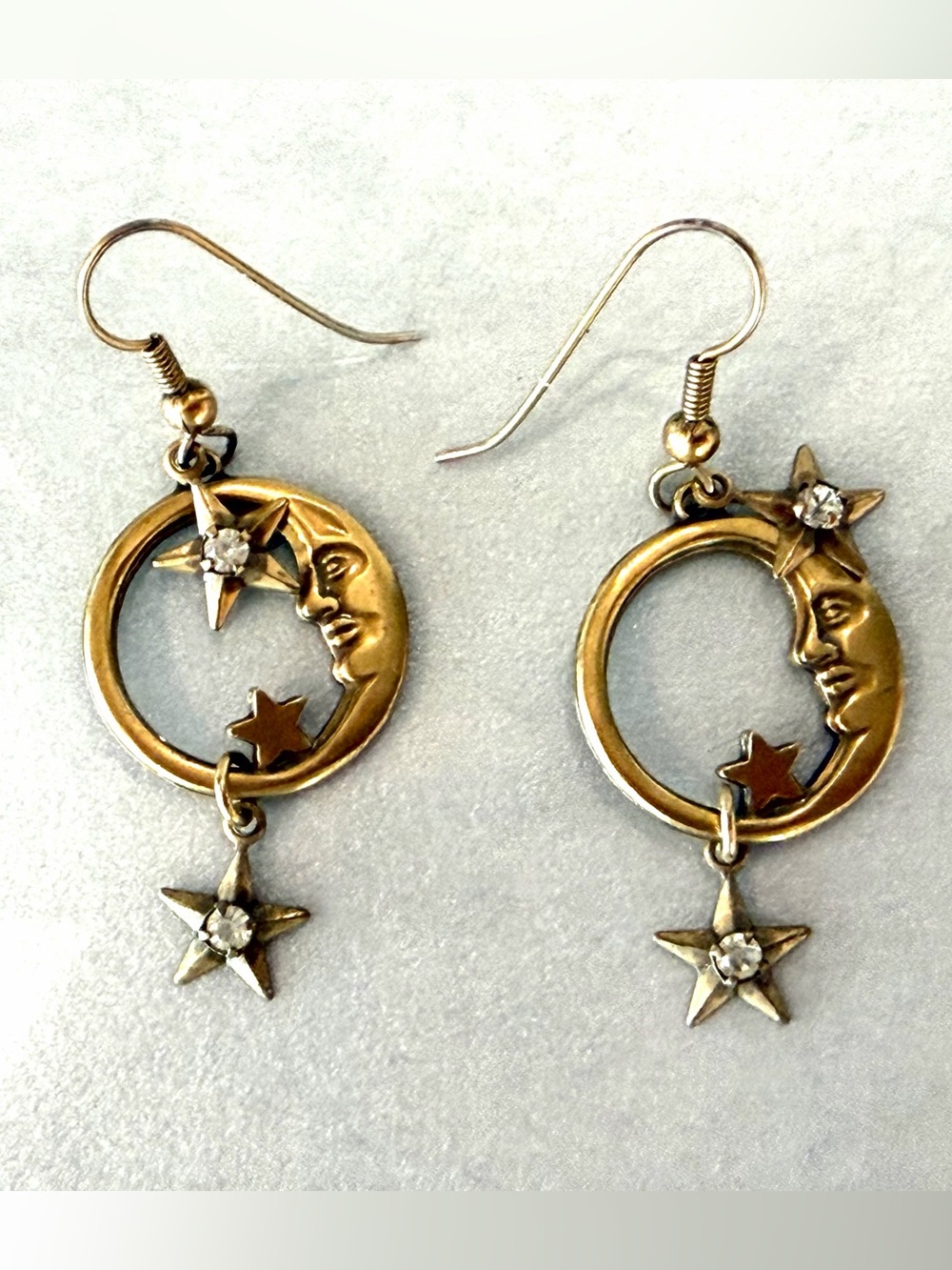 Adorable Goldtone Celestial Earrings, Stars, Man-in-the-Moon, Crystals